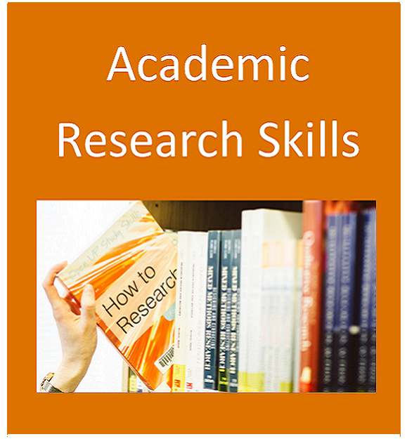 Academic research skills button containing books on library shelves